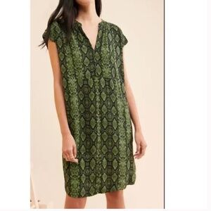 by ANTHROPOLOGIE Rachel Tunic Dress V Neck Snakeskin Print Green Sz Med Petite